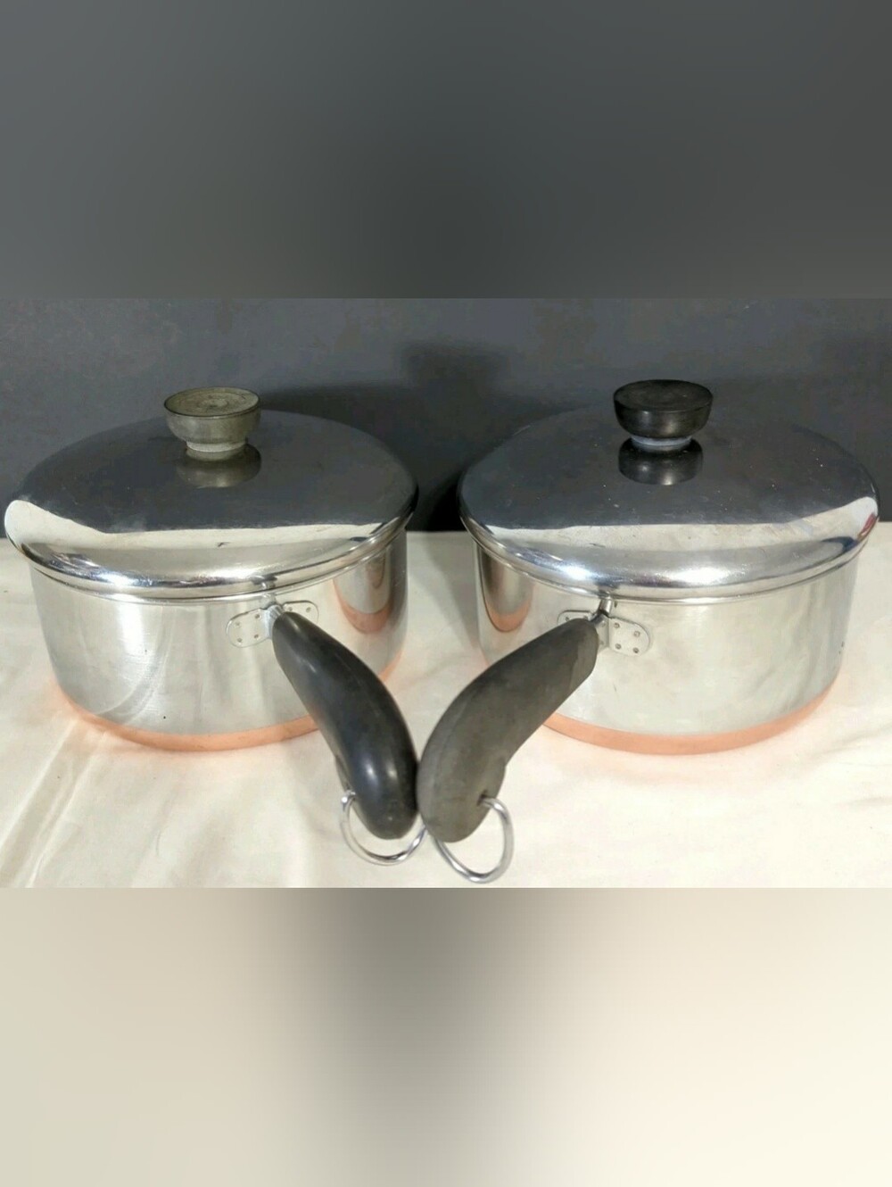 Vtg. Revere Ware 1801 2 Qt Copper Bottom Sauce Pan Pot w/Lid Clinton IL (2 Pans)
